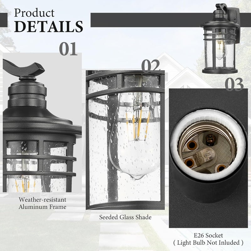 Darkaway Outdoor Porch Lights Wall Mount, Outdoor Light Fixtures Sconces Wall Lighting with Seeded Glass Waterproof Exterior Lights for Patio Yard House Hallway Doorway Garage(2 Pack, Black) - Image 3